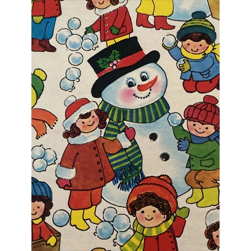 Vintage Christmas Gift Wrapping Paper Sheet CHILDREN WINTER SNOW SCENE SNOWMAN